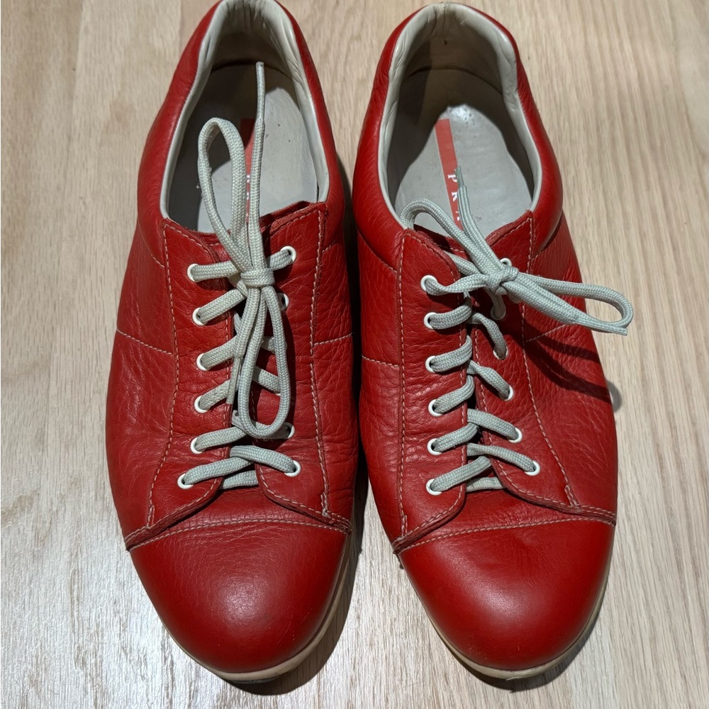 Prada Red Leather Low-Top Sneakers